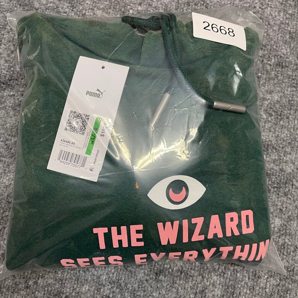 PUMA x WICKED Hoodie Womens Large Dark Myrtle Green Pink Oz Sweatshirt Acid Wash - Picture 16 of 16